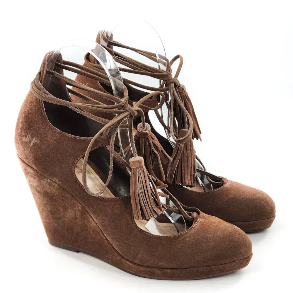 SCHUTZ Brown Suede Lace Up Wedge Heel Pumps With Tassels